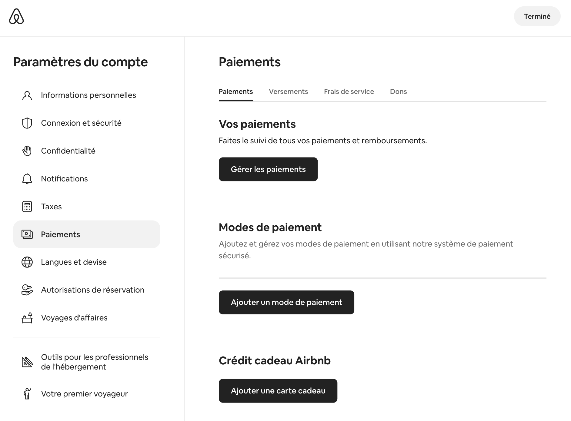 Paramètres du compte Airbnb, section Paiements pour configurer un mode de versement