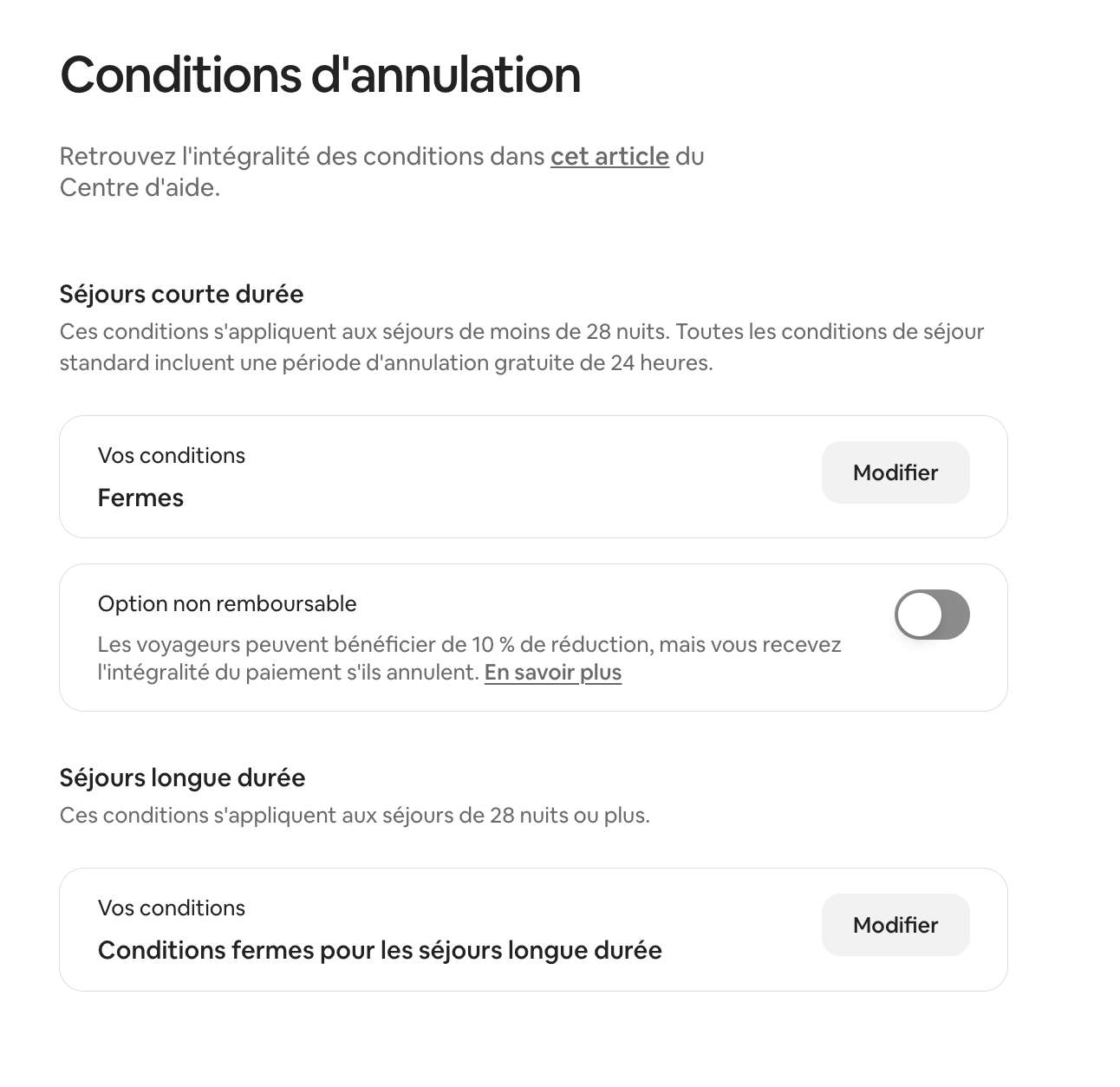 Tableau de bord Airbnb pour modifier les conditions d&rsquo;annulation d&rsquo;une annonce
