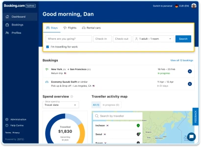 Tableau de bord extranet Booking avec menu Bo&icirc;te de r&eacute;ception ouvert