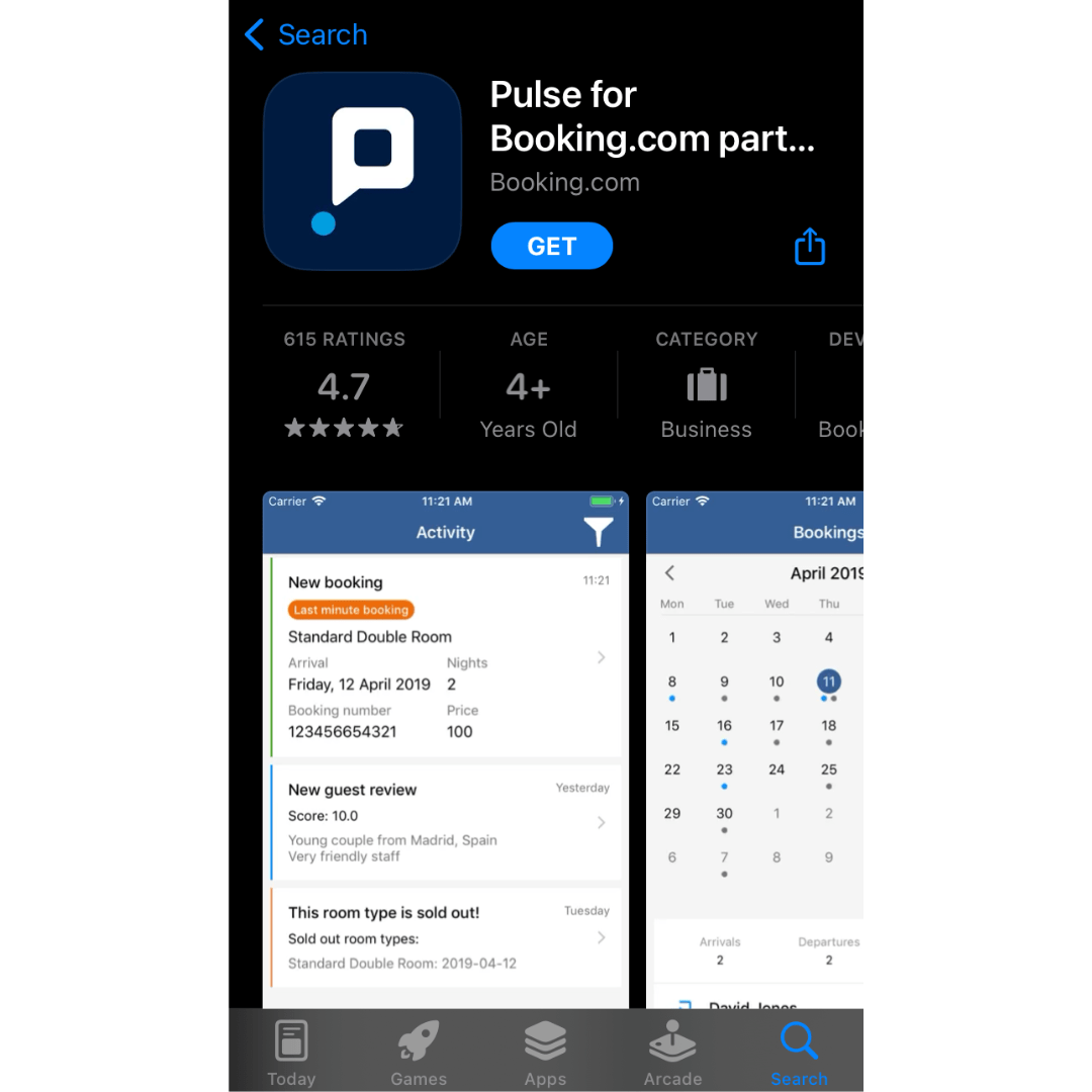 Application mobile Booking Pulse affichant le menu d&rsquo;aide partenaire
