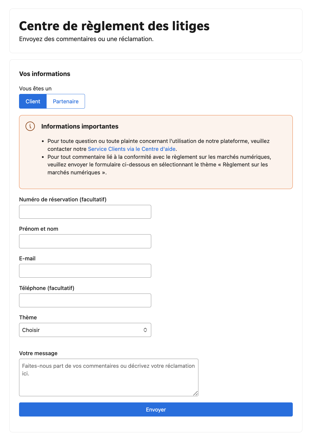 Page Centre de r&egrave;glement des litiges Booking pour les partenaires