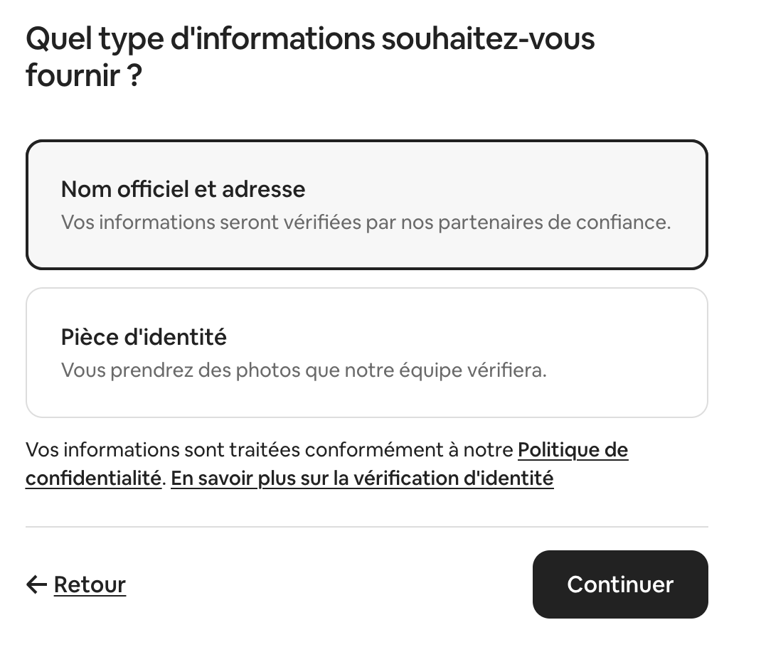 Interface de v&eacute;rification d'identit&eacute; Airbnb