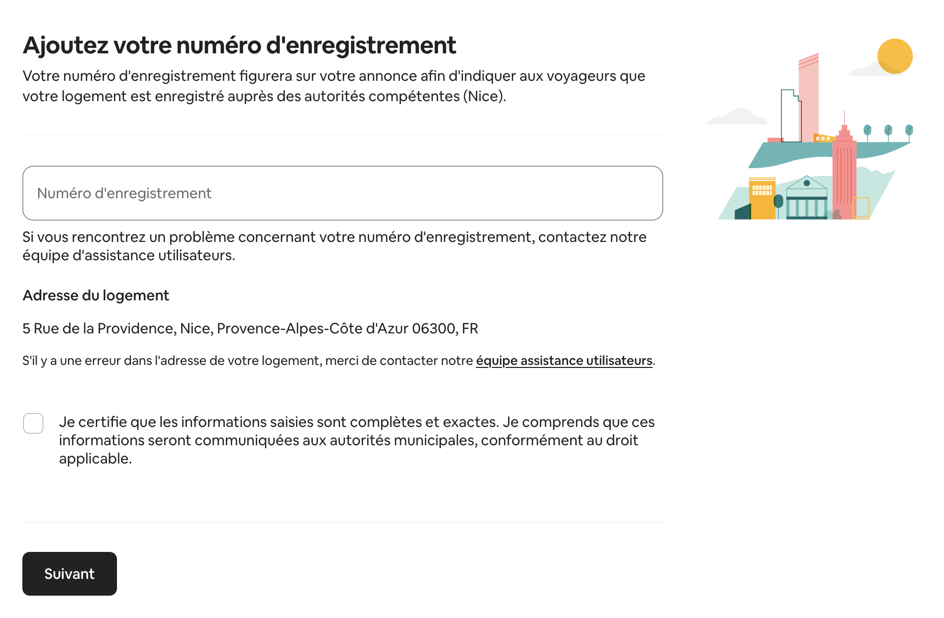 Saisie du num&eacute;ro d'enregistrement dans Airbnb