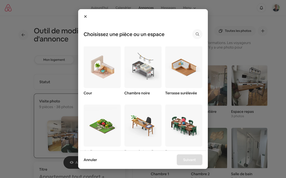 Interface de création d'annonce Airbnb — galerie photos