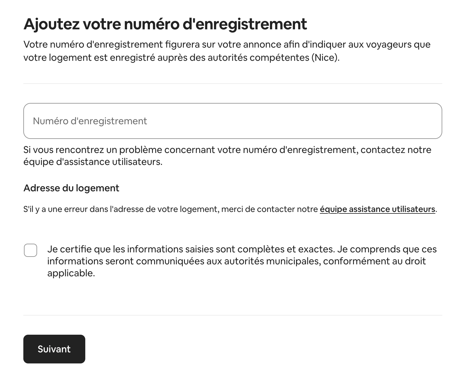 Saisie du numéro d'enregistrement à 13 chiffres sur l'annonce Airbnb